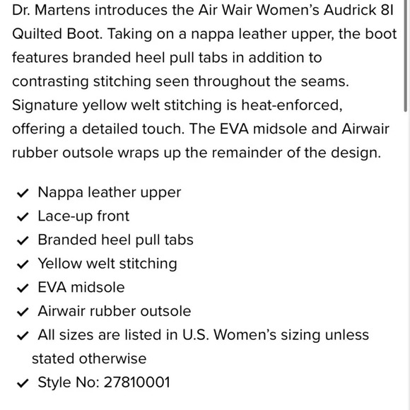 DR. MARTENS AIR WAIR WOMEN'S AUDRICK 8I QUILTED BOOT - BLACK NAPPA LUX Sz 8 NEW - Picture 4 of 5